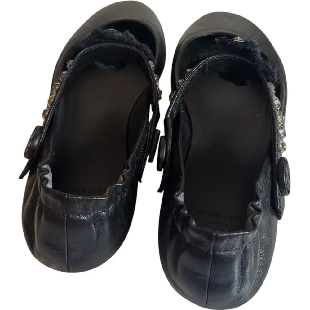 Tory Burch Black Leather Crystal Convertible Mary Jane Ballet Flats Size 8 EUC